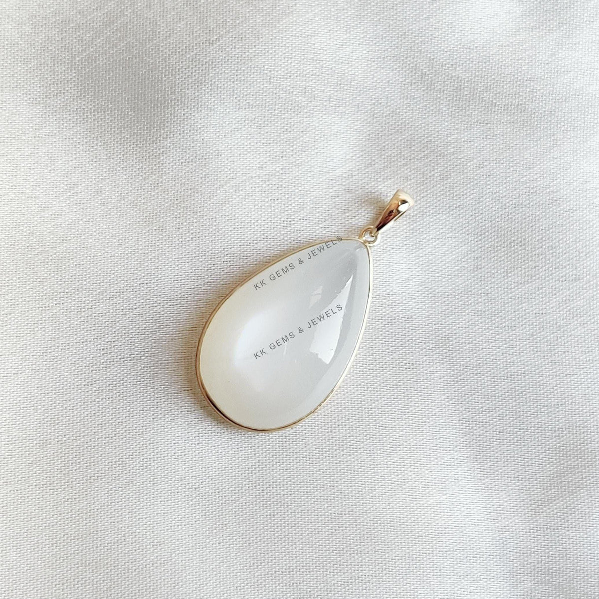 14K Solid Gold Natural White Moonstone Pendant, Pear Cabochon, June Birthstone