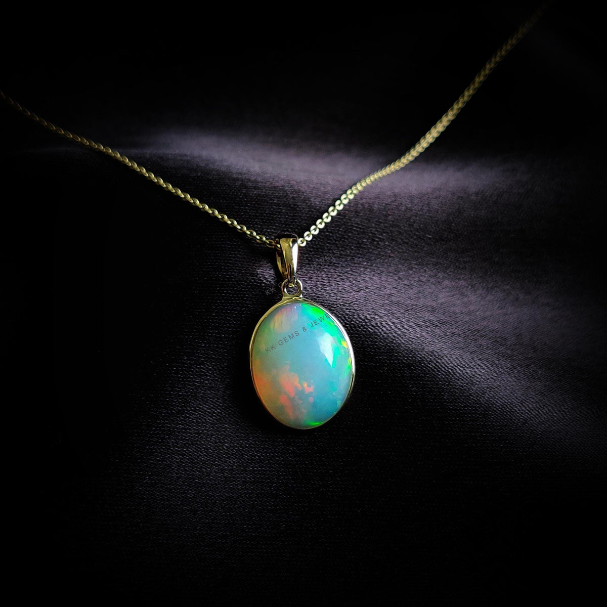 14K Solid Yellow Gold Natural Ethiopian Opal Pendant, Oval Cabochon, October Birthstone