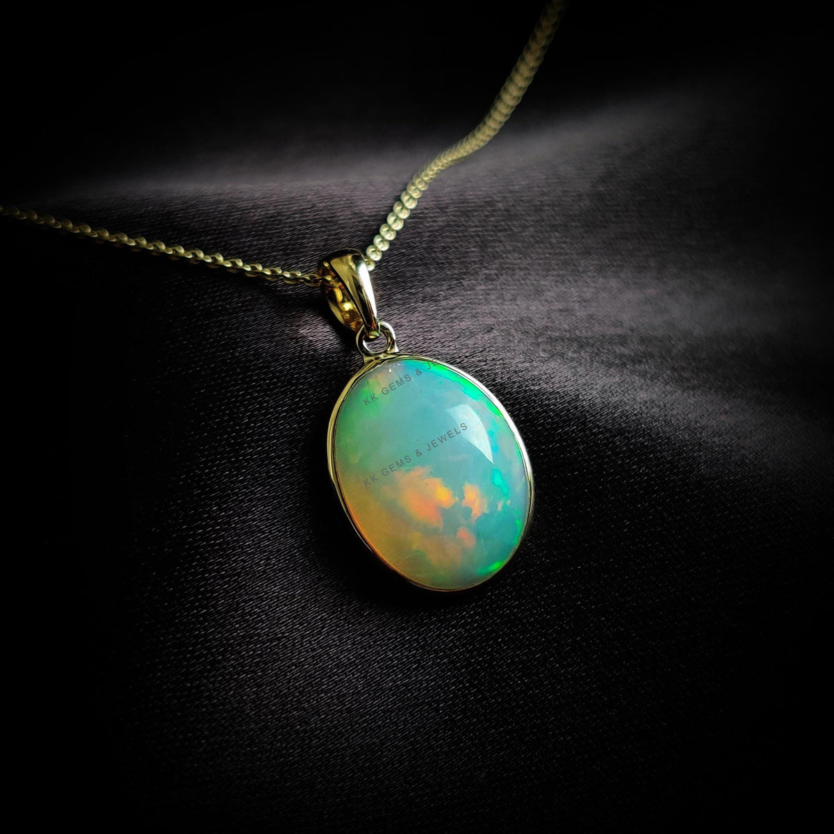 14K Solid Yellow Gold Natural Ethiopian Opal Pendant, Oval Cabochon, October Birthstone