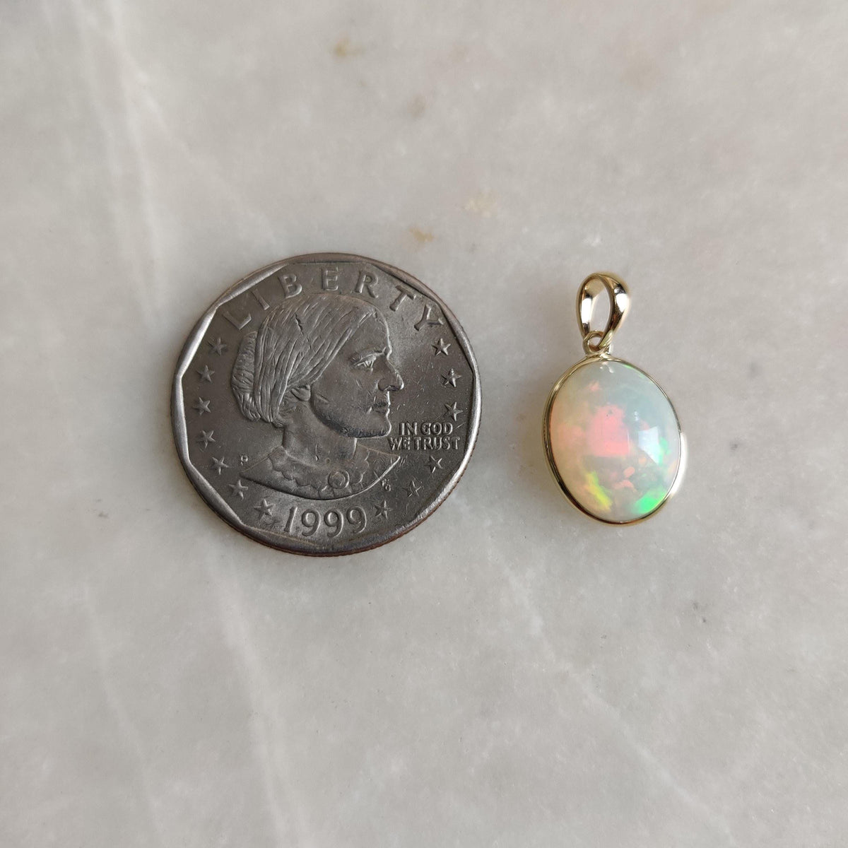 14K Solid Yellow Gold Natural Ethiopian Opal Pendant, Oval Cabochon, October Birthstone