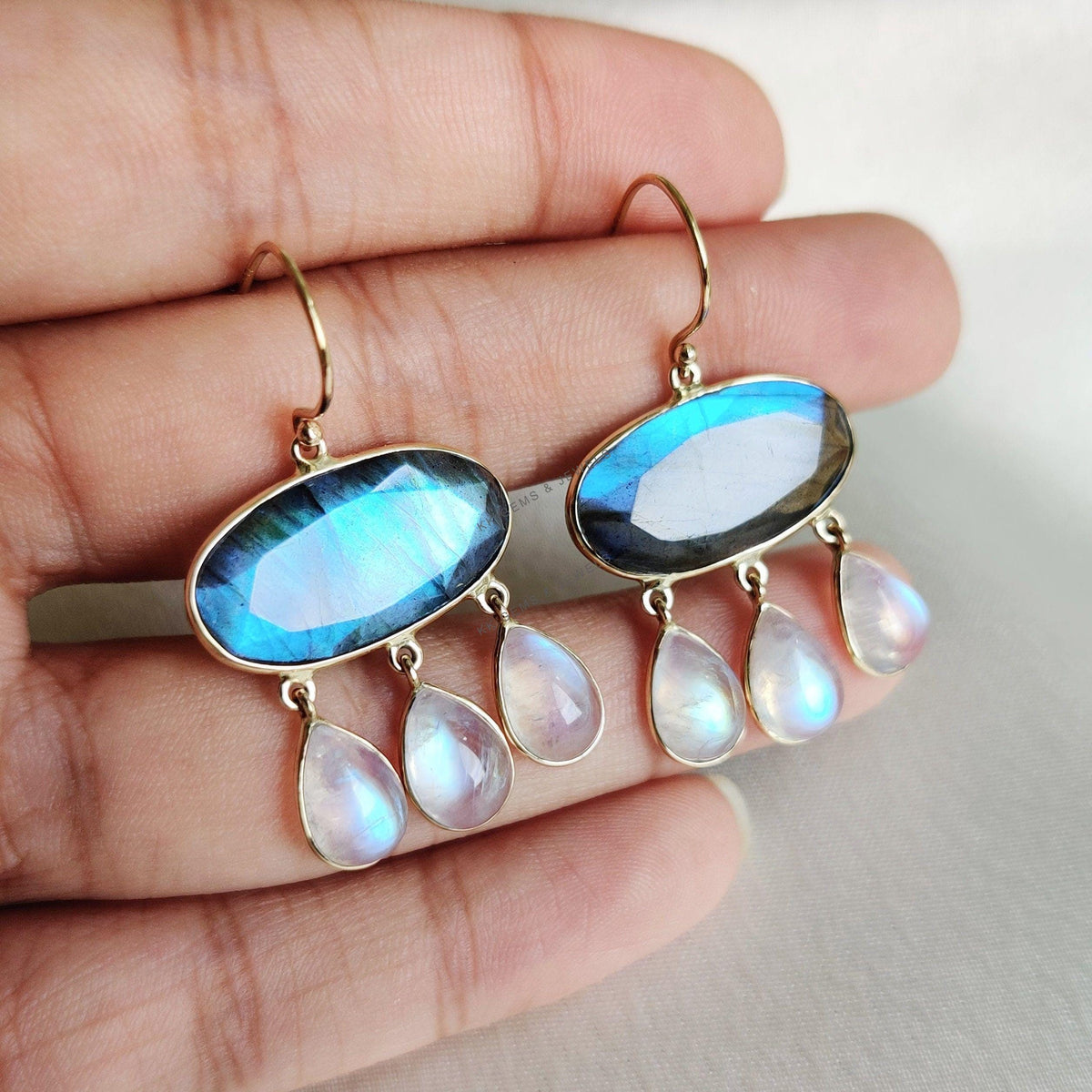14K Solid Gold Natural Labradorite & Rainbow Moonstone Drop Earrings, November Birthstone