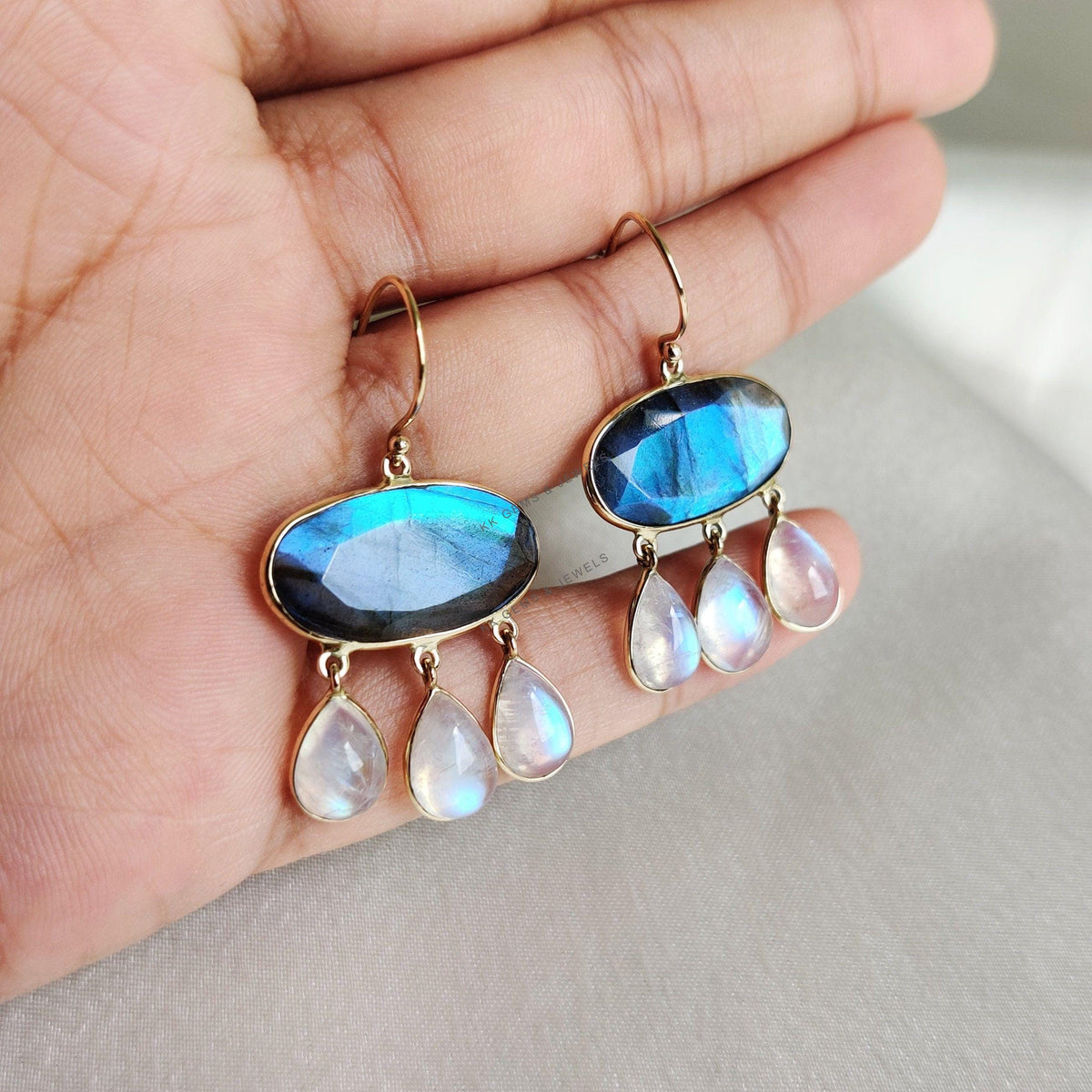 14K Solid Gold Natural Labradorite & Rainbow Moonstone Drop Earrings, November Birthstone