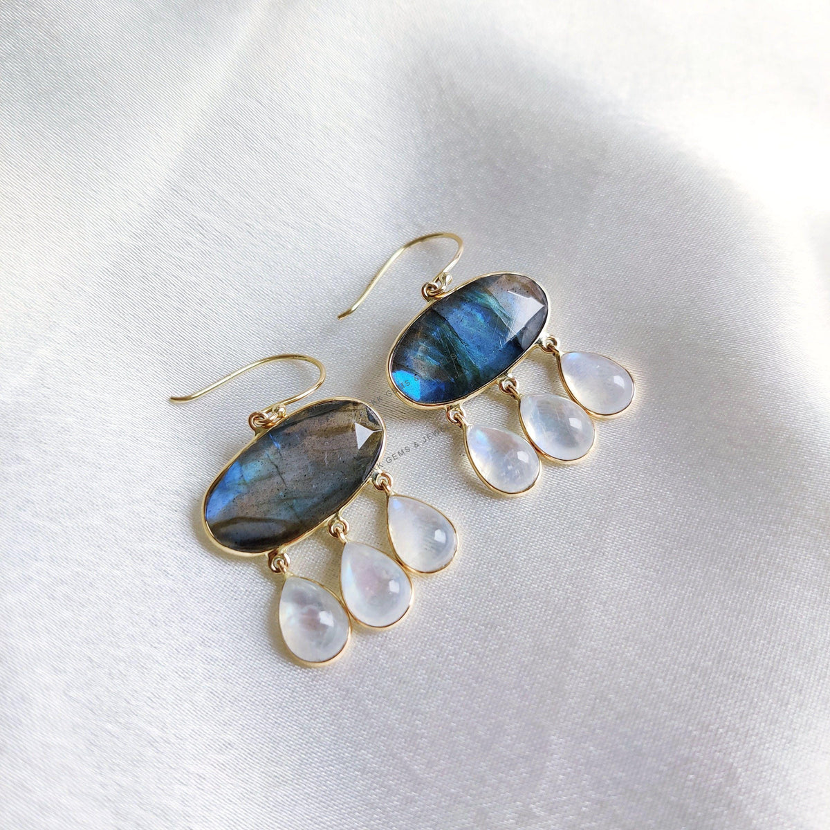 14K Solid Gold Natural Labradorite & Rainbow Moonstone Drop Earrings, November Birthstone