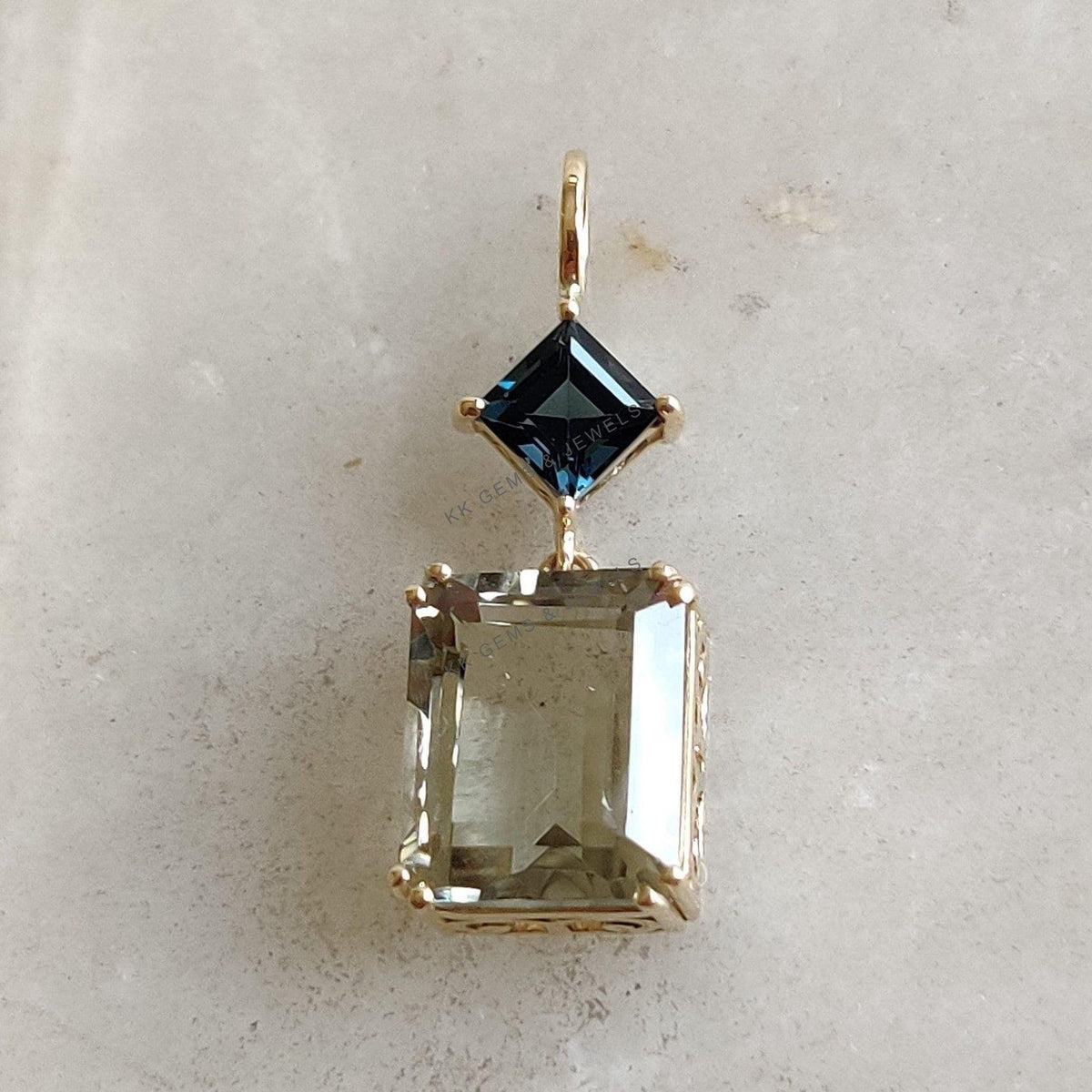 Natural London Blue Topaz & Green Amethyst Pendant, 14K Solid Yellow Gold Pendant, February Birthstone, Christmas Present