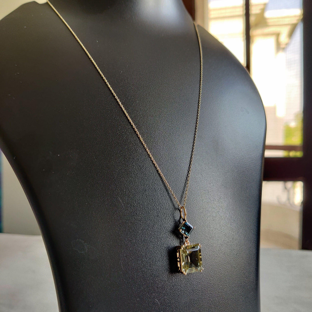Natural London Blue Topaz & Green Amethyst Pendant, 14K Solid Yellow Gold Pendant, February Birthstone, Christmas Present