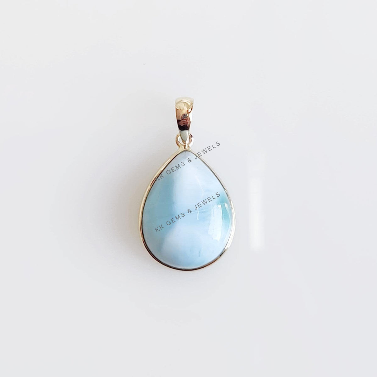 Natural Larimar Pendant, 14K Solid Yellow Gold Bezel Pendant, Pear Cabochon, Christmas Present