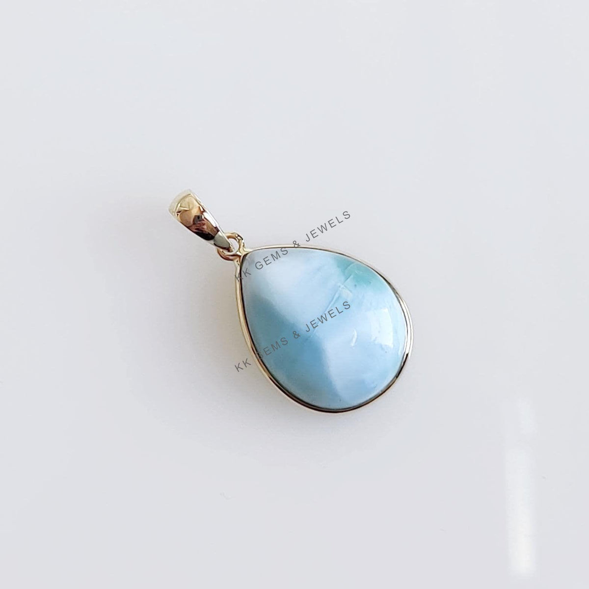 Natural Larimar Pendant, 14K Solid Yellow Gold Bezel Pendant, Pear Cabochon, Christmas Present