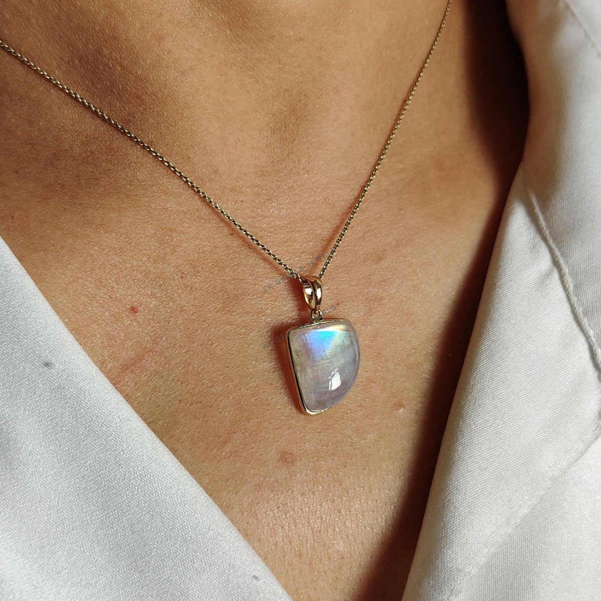 Natural Rainbow Moonstone 14K Solid Yellow Gold Pendant: June Birthstone Necklace