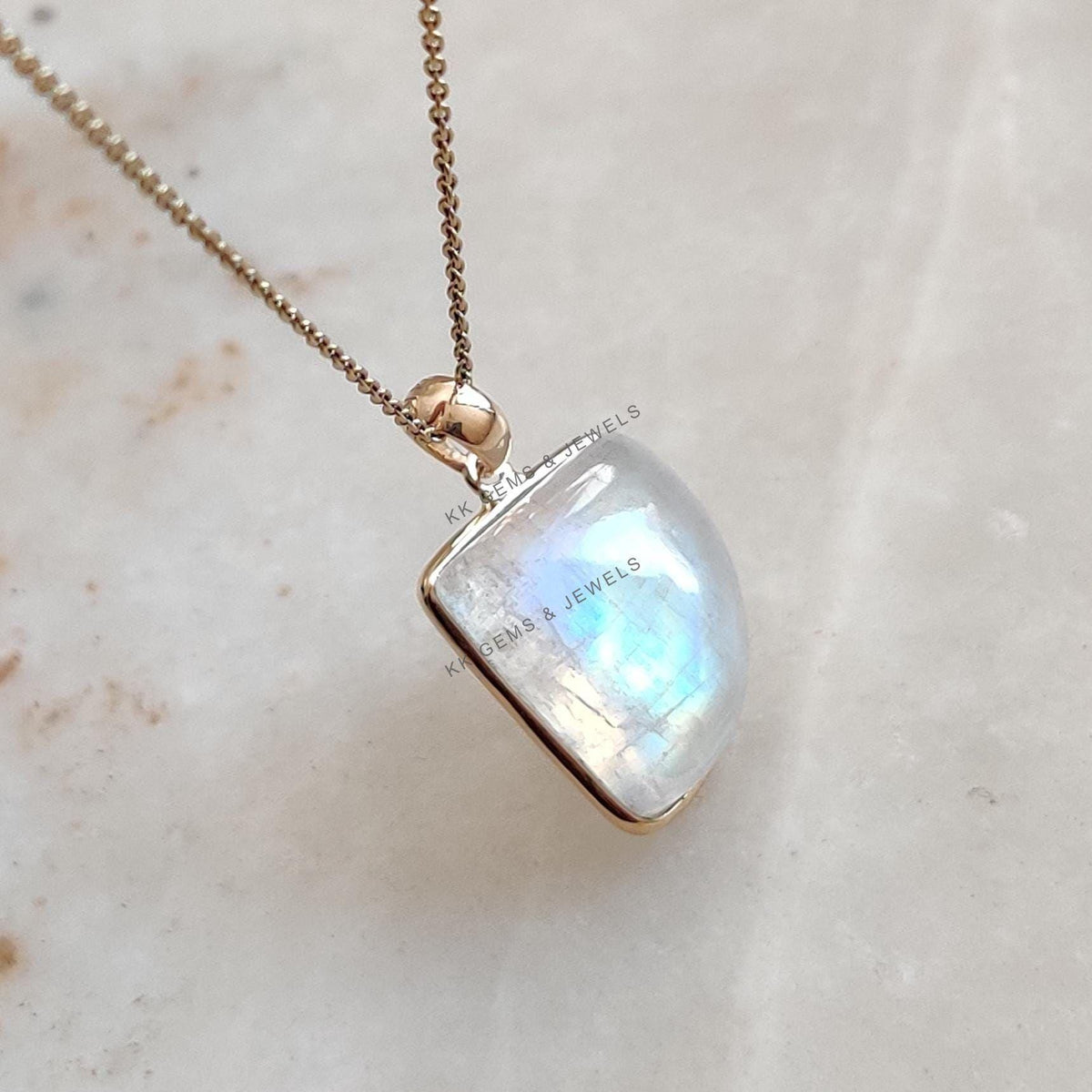 Natural Rainbow Moonstone 14K Solid Yellow Gold Pendant: June Birthstone Necklace