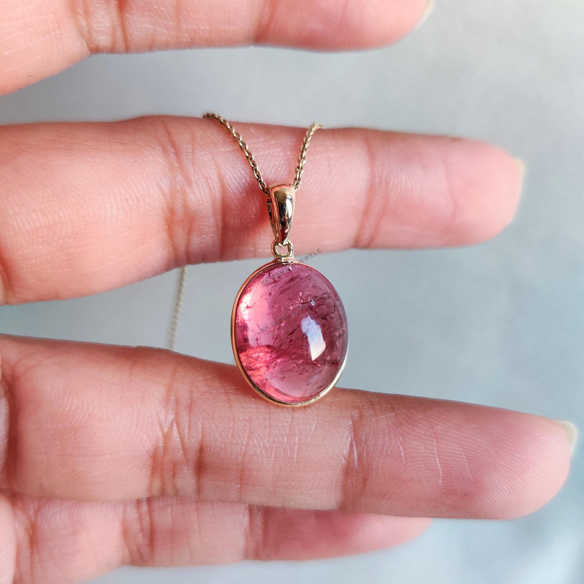 14K Solid Yellow Gold Natural Pink Tourmaline Pendant, October Birthstone