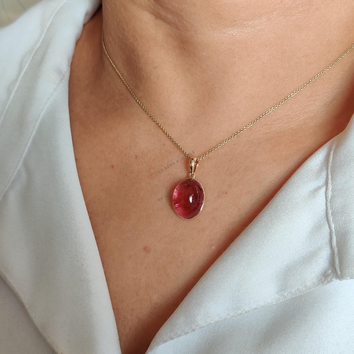14K Solid Yellow Gold Natural Pink Tourmaline Pendant, October Birthstone