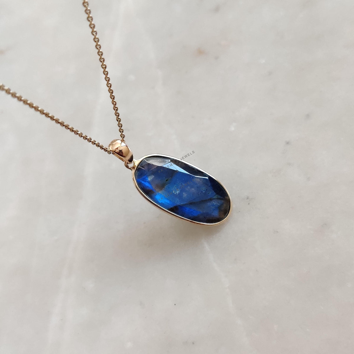 Natural Blue Labradorite 14K Solid Yellow Gold Pendant, August November Birthstone