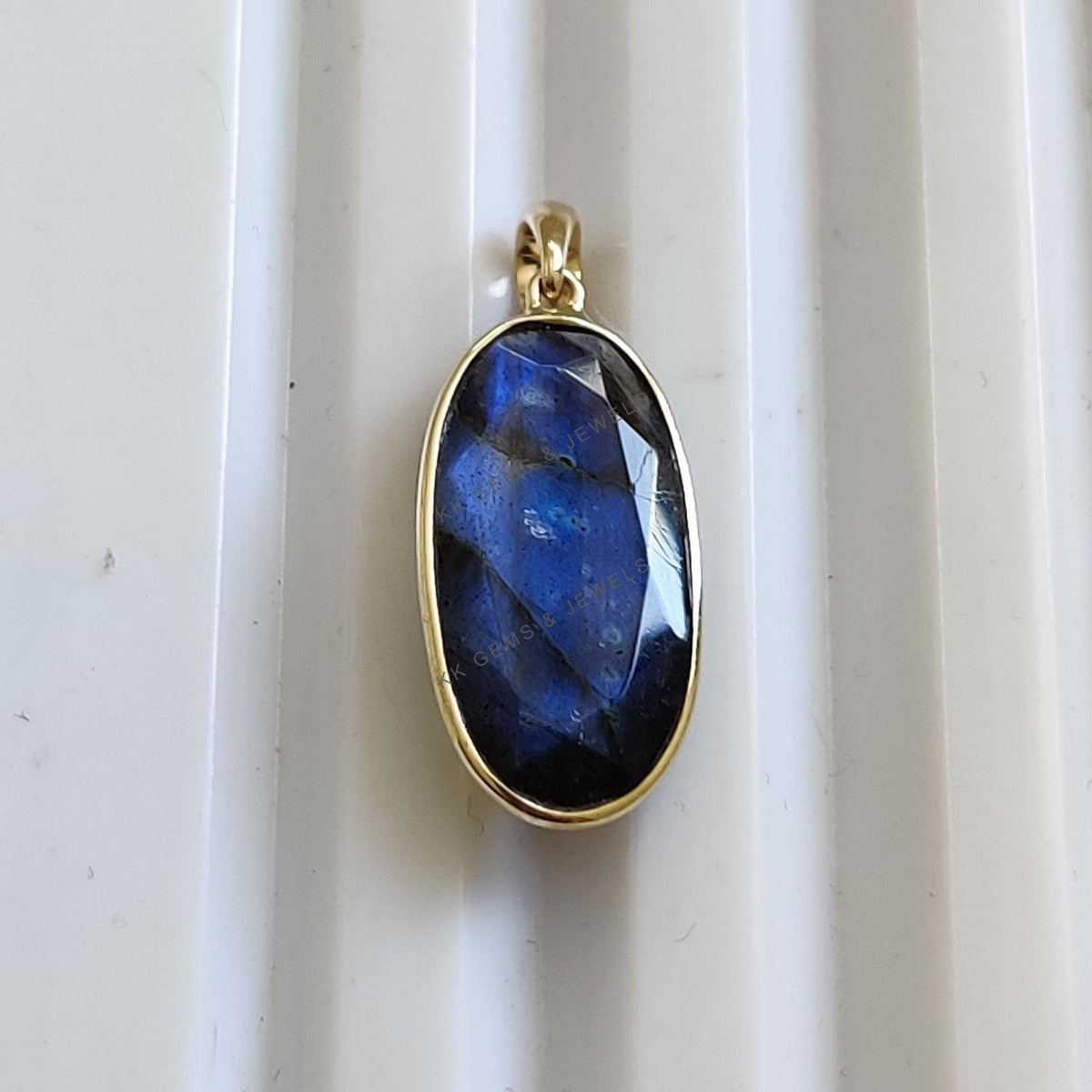 Natural Blue Labradorite 14K Solid Yellow Gold Pendant, August November Birthstone