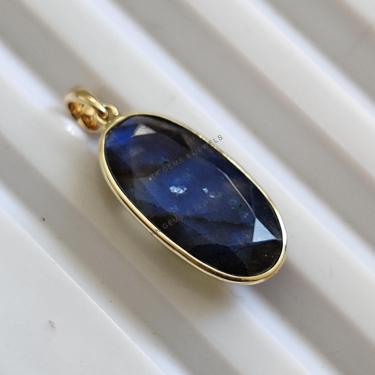 Natural Blue Labradorite 14K Solid Yellow Gold Pendant, August November Birthstone