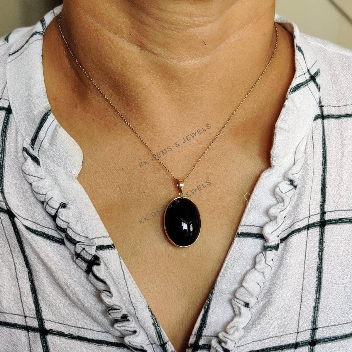 Natural Black Onyx 14K Solid Yellow Gold Pendant, Oval Bezel Pendant, December Birthstone