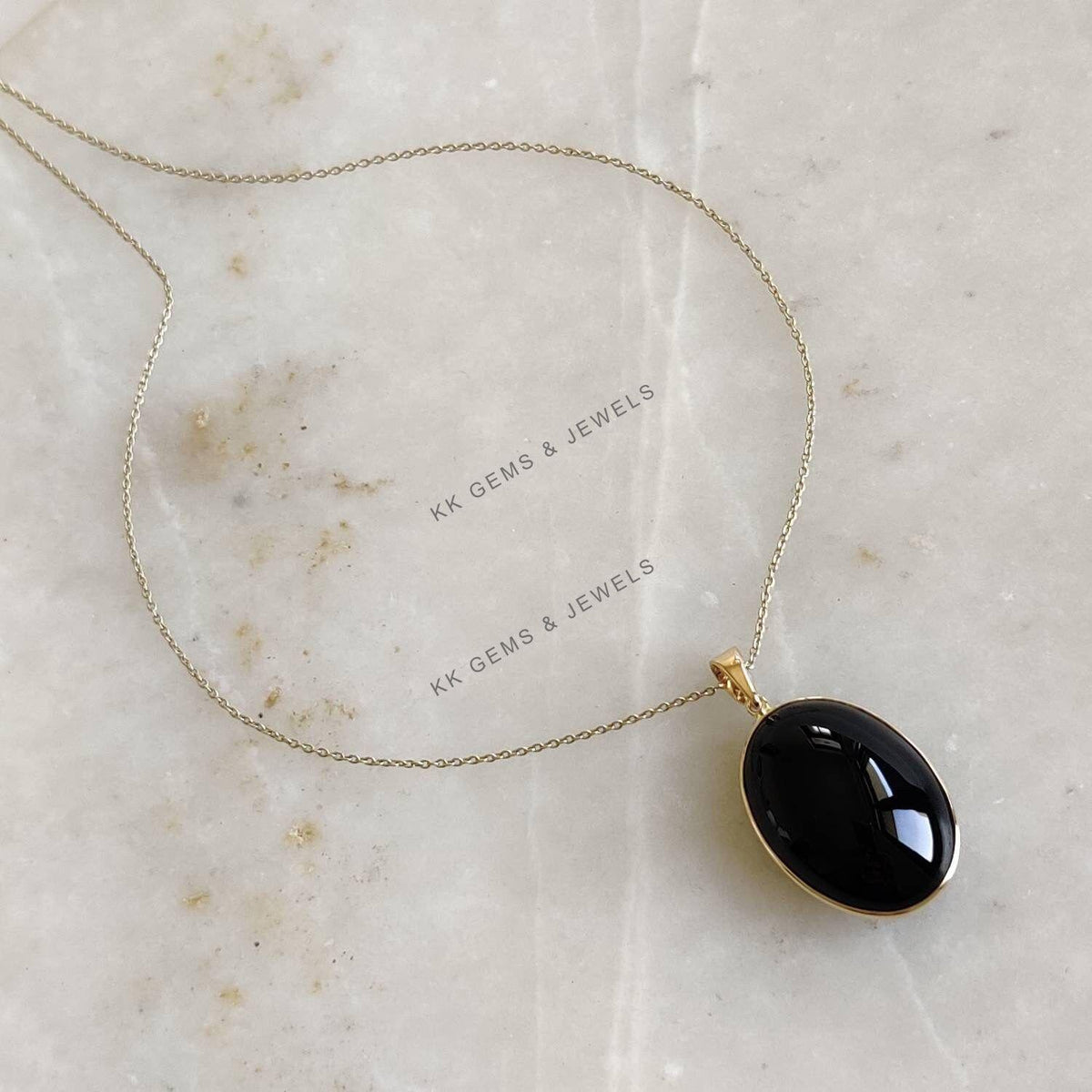 Natural Black Onyx 14K Solid Yellow Gold Pendant, Oval Bezel Pendant, December Birthstone
