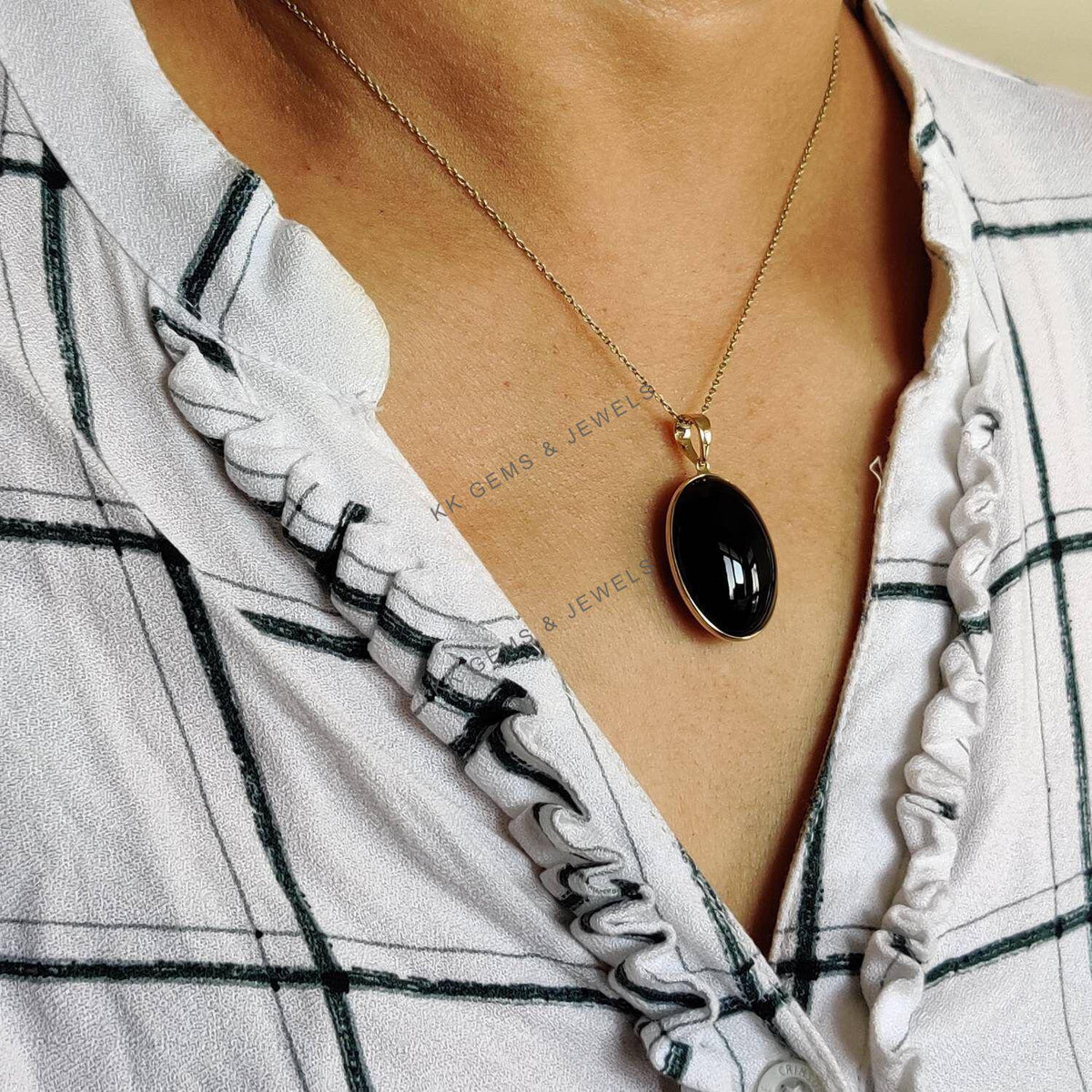 Natural Black Onyx 14K Solid Yellow Gold Pendant, Oval Bezel Pendant, December Birthstone