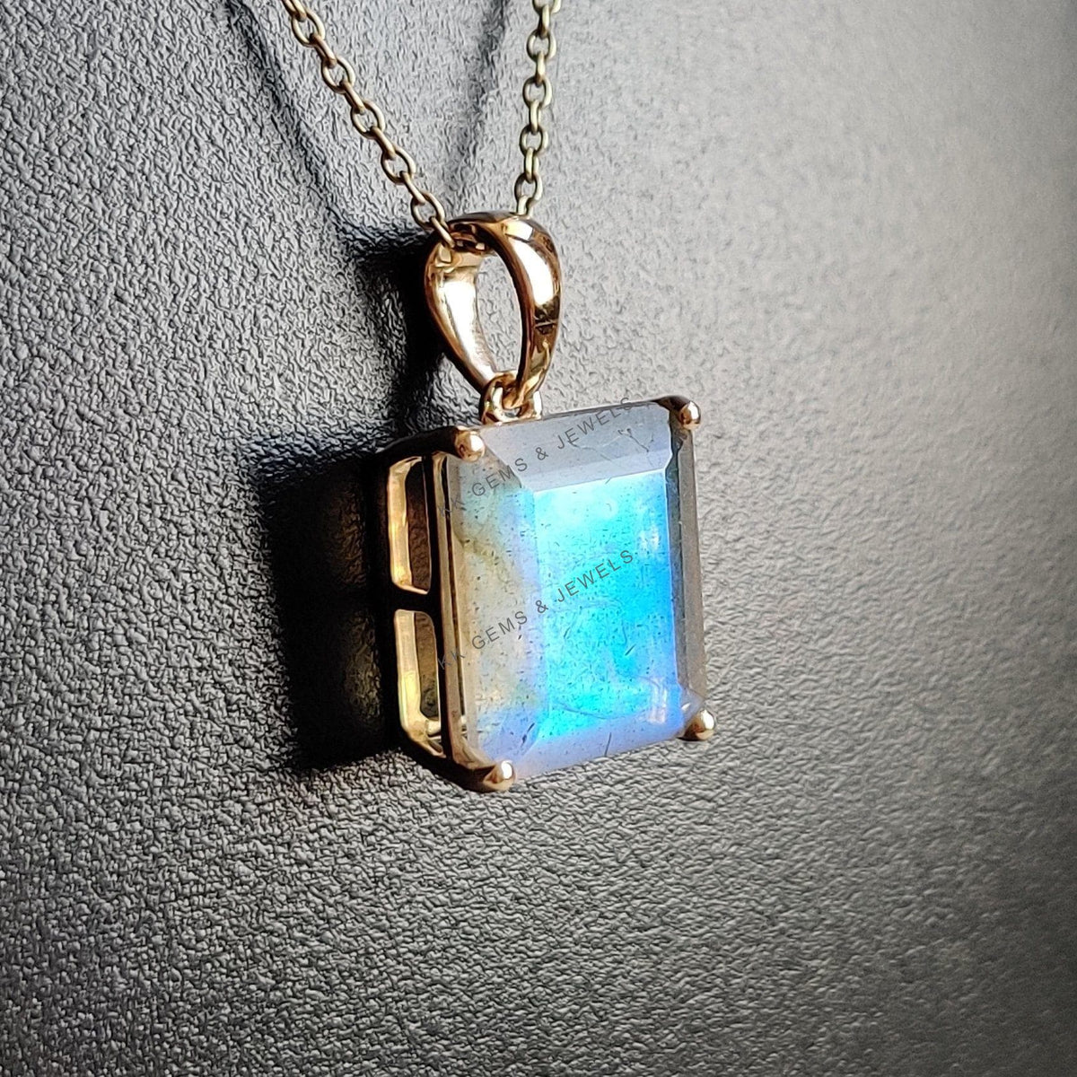 Natural Labradorite 14K Solid Yellow Gold Octagon Pendant, August Birthstone