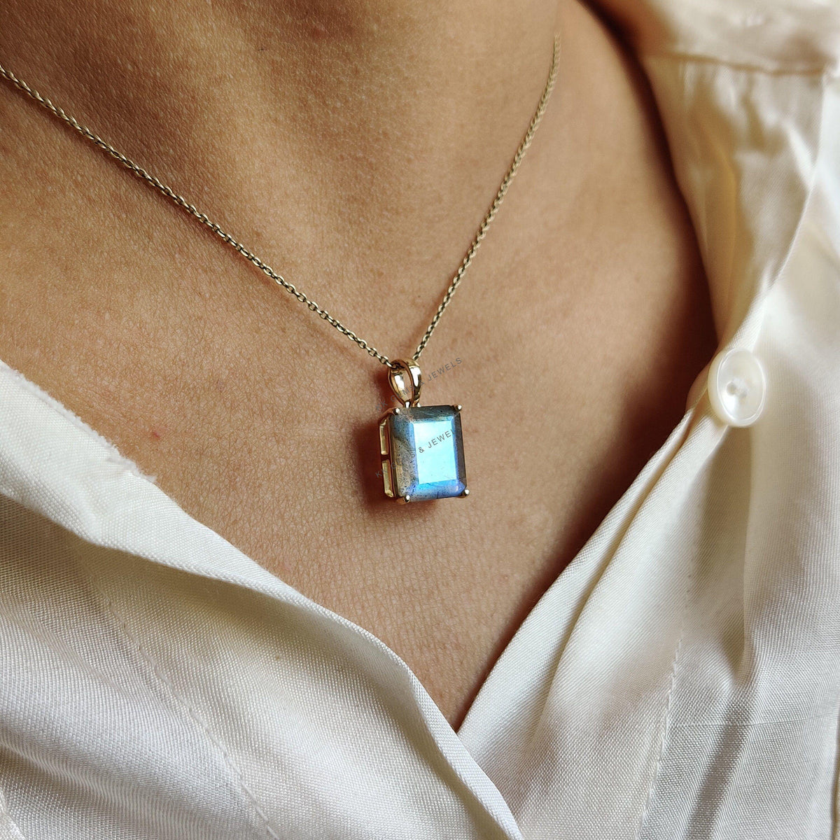 Natural Labradorite 14K Solid Yellow Gold Octagon Pendant, August Birthstone
