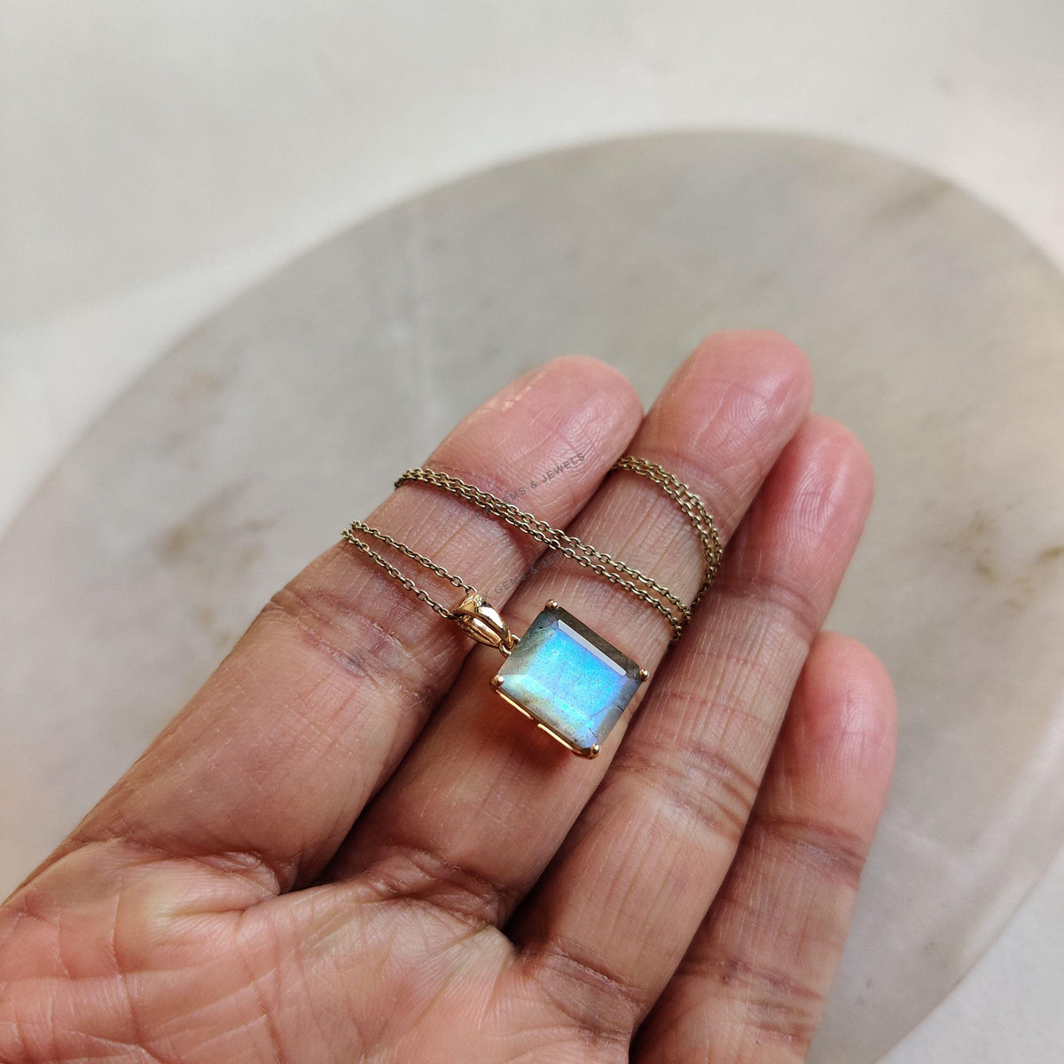 Natural Labradorite 14K Solid Yellow Gold Octagon Pendant, August Birthstone