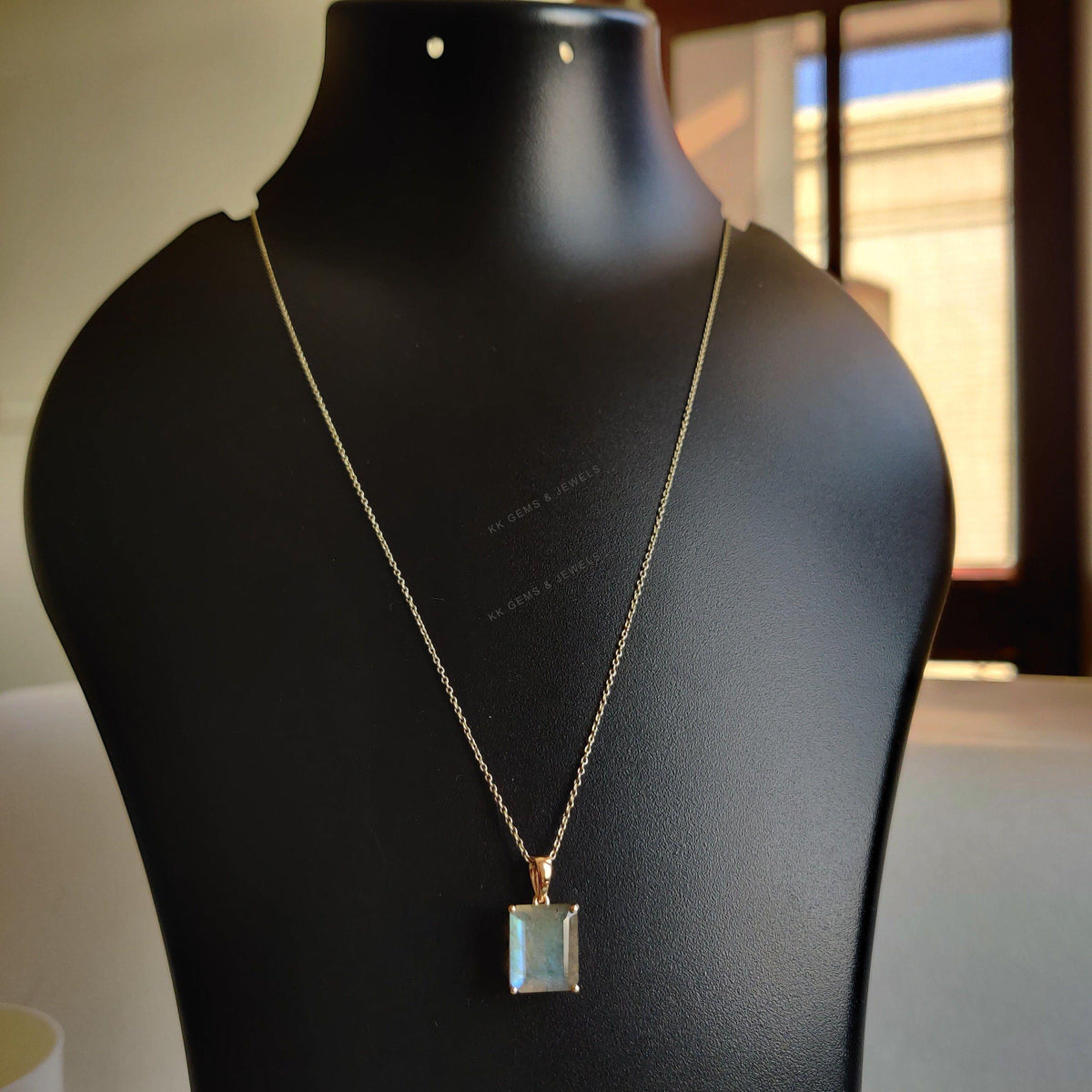 Natural Labradorite 14K Solid Yellow Gold Octagon Pendant, August Birthstone