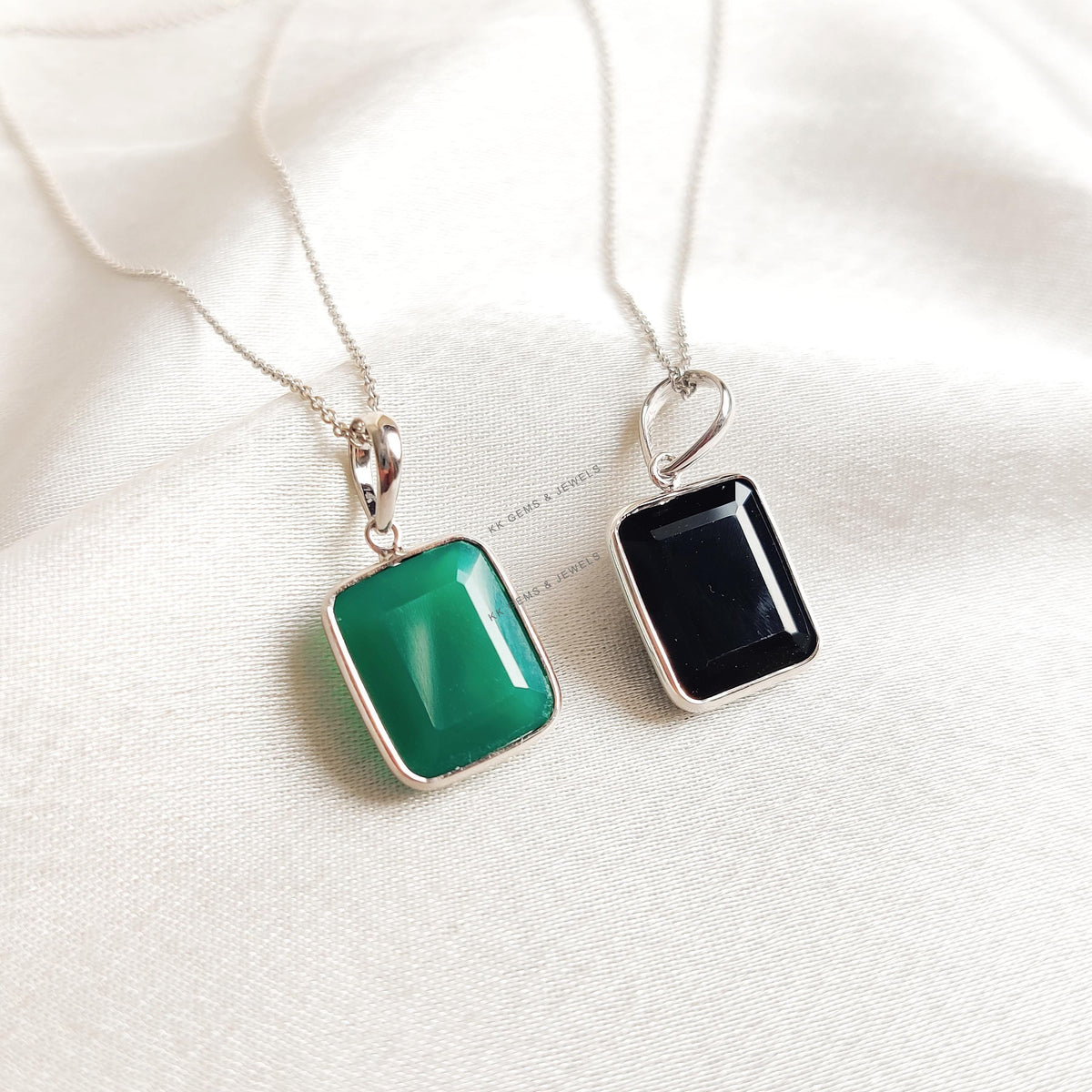 Natural Black & Green Onyx Octagon Bezel Pendant, 14K Solid White Gold, December Birthstone