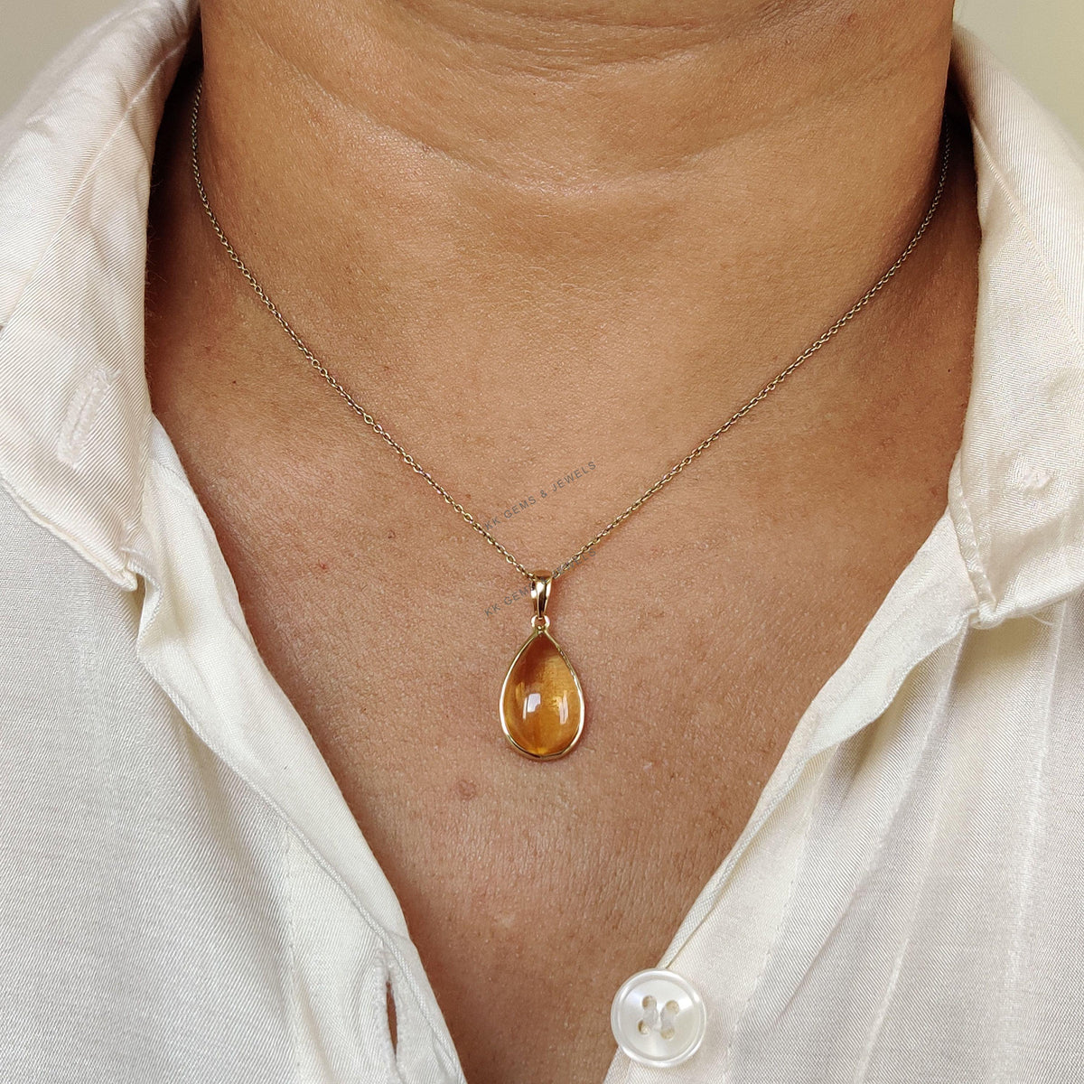 14K Solid Yellow Gold Natural Citrine Pendant, Pear Bezel, November Birthstone