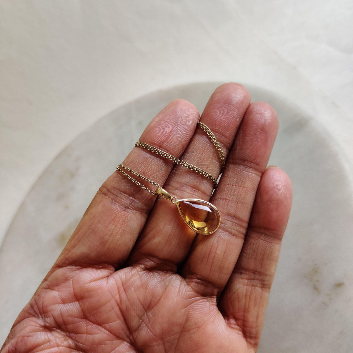14K Solid Yellow Gold Natural Citrine Pendant, Pear Bezel, November Birthstone