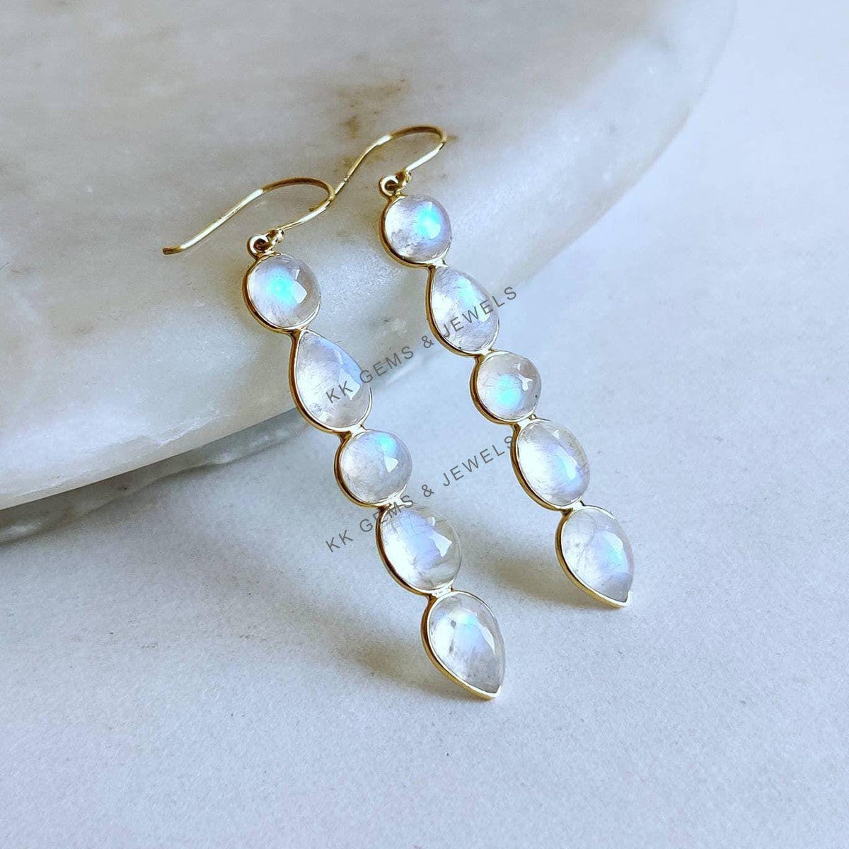 Natural Rainbow Moonstone 14K Solid Gold Earrings, Bezel Set, June Birthstone
