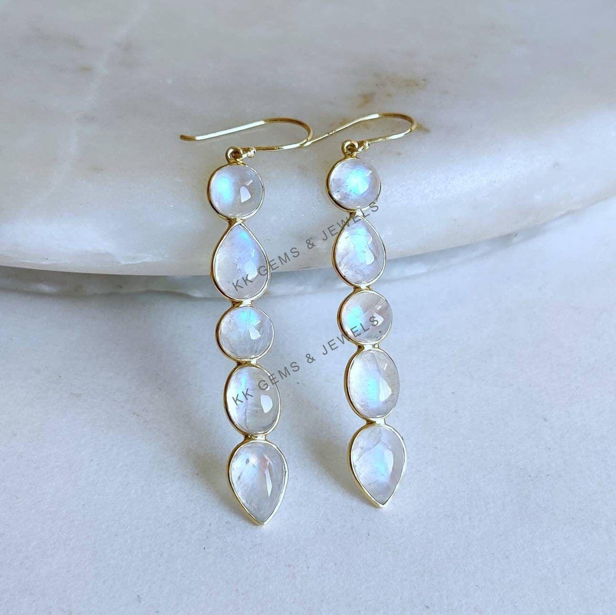 Natural Rainbow Moonstone 14K Solid Gold Earrings, Bezel Set, June Birthstone