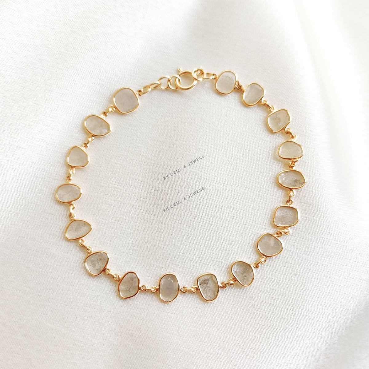 14K Solid Yellow Gold Natural Diamond Polki Slice Bracelet, April Birthstone, Christmas Present