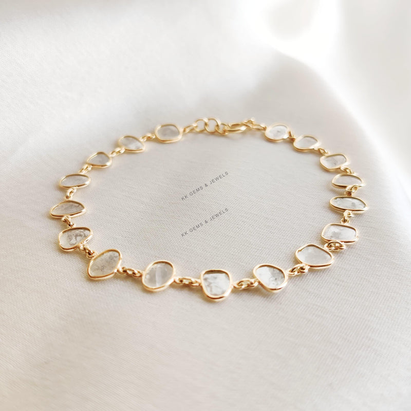 14K Solid Yellow Gold Natural Diamond Polki Slice Bracelet, April Birthstone, Christmas Present