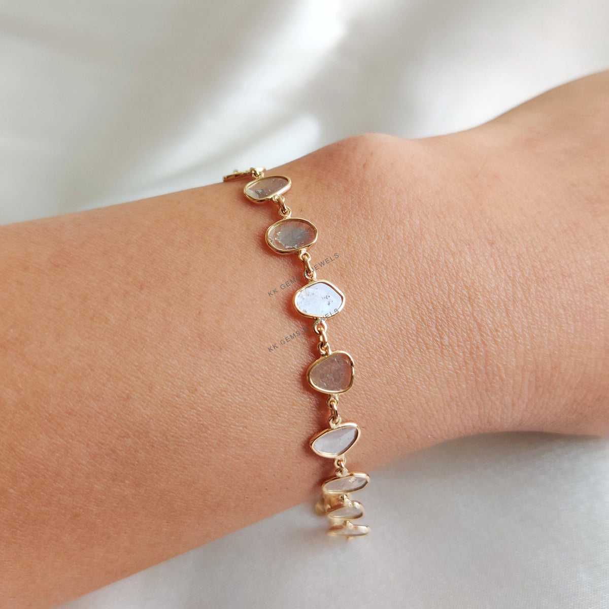 14K Solid Yellow Gold Natural Diamond Polki Slice Bracelet, April Birthstone, Christmas Present