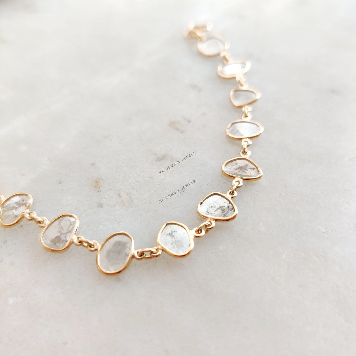14K Solid Yellow Gold Natural Diamond Polki Slice Bracelet, April Birthstone, Christmas Present
