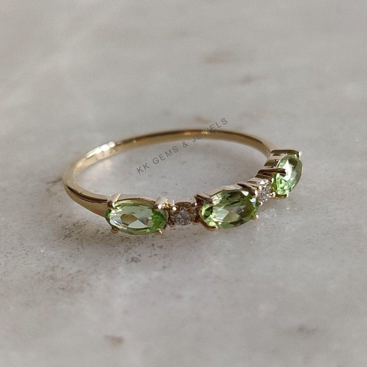 Natural Peridot and Diamond 14K Solid Yellow Gold Ring, August Birthstone