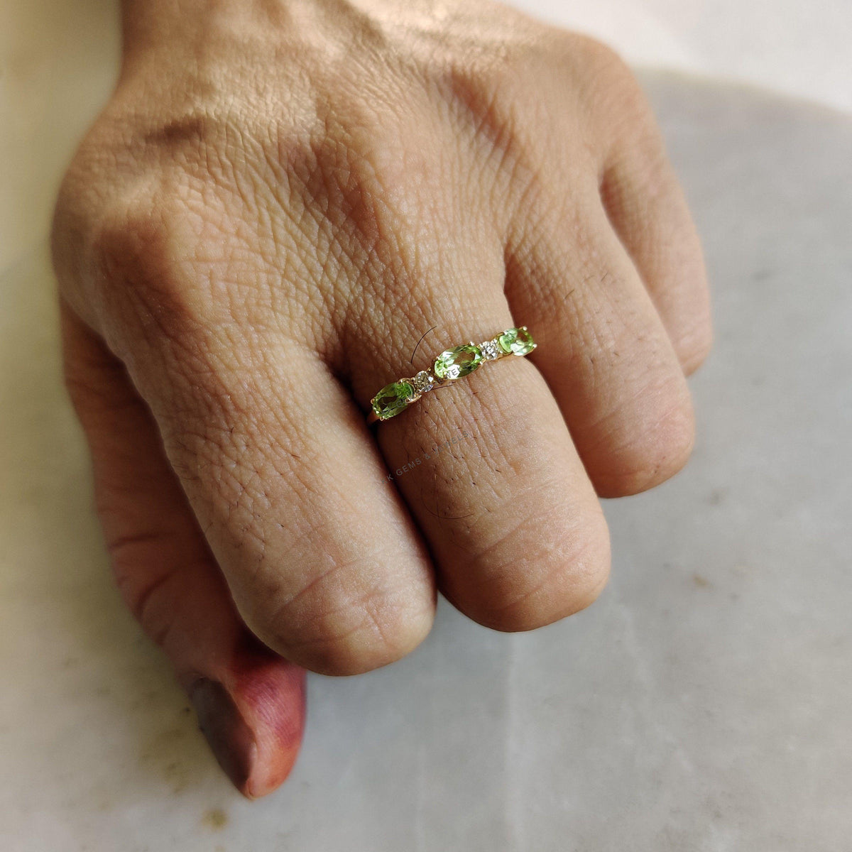 Natural Peridot and Diamond 14K Solid Yellow Gold Ring, August Birthstone