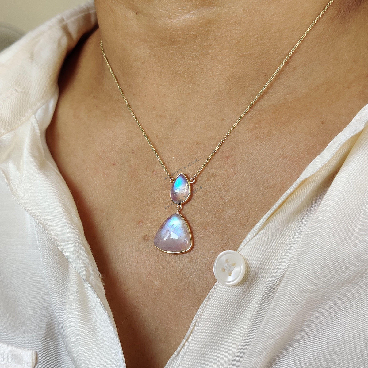 14K Solid Gold Natural Rainbow Moonstone Chain Necklace, June Birthstone