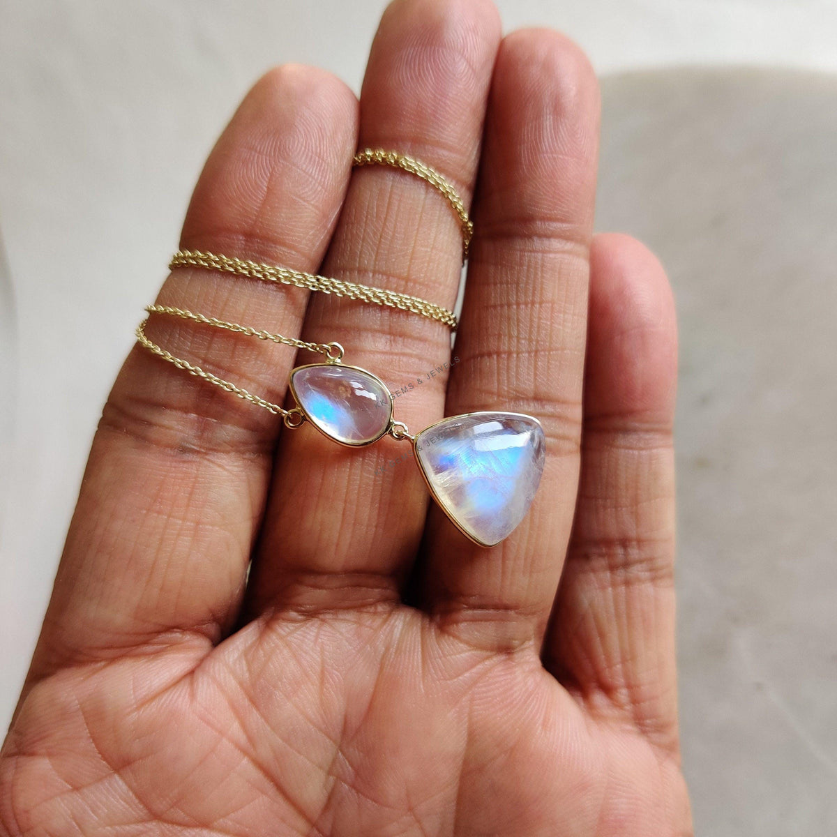 14K Solid Gold Natural Rainbow Moonstone Chain Necklace, June Birthstone