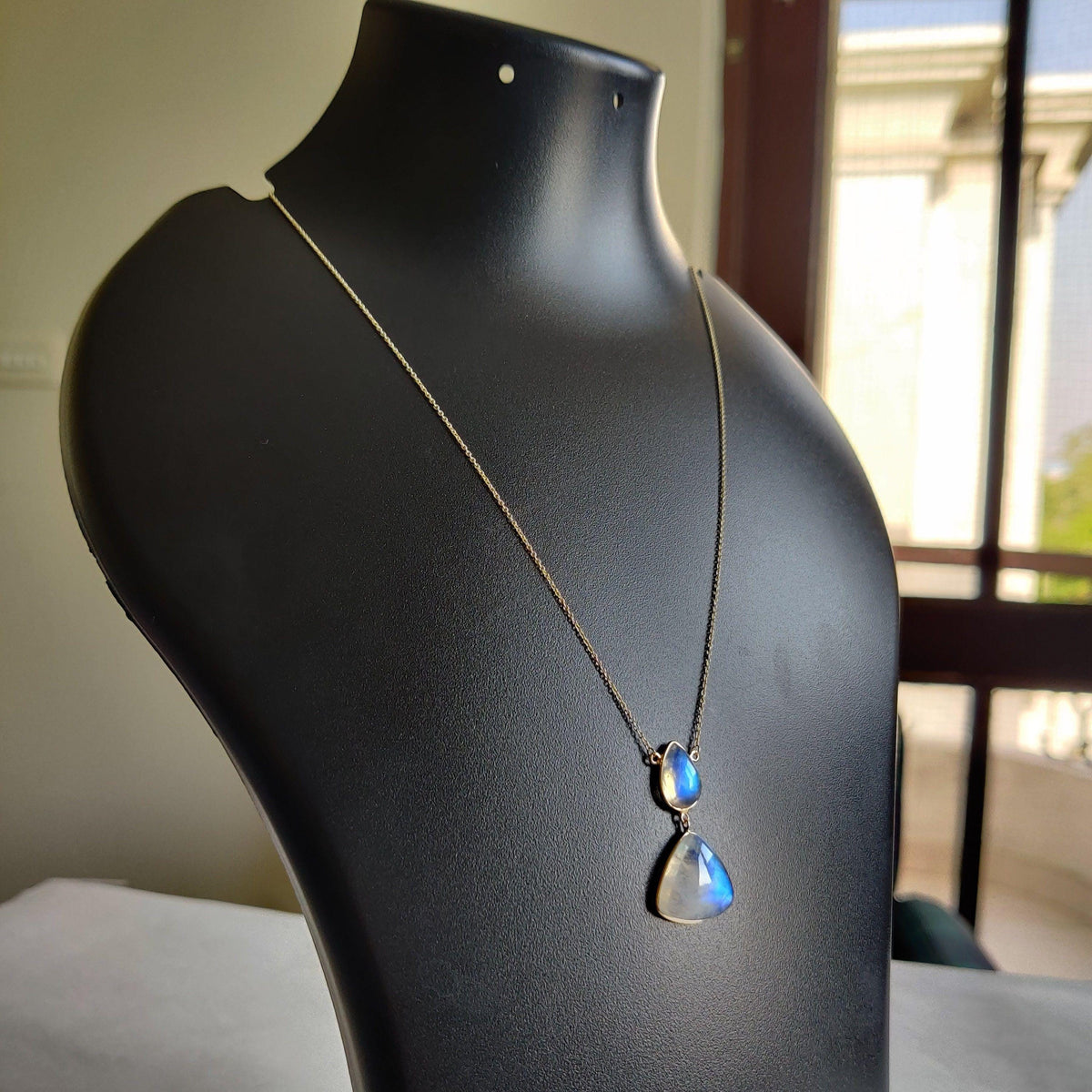 14K Solid Gold Natural Rainbow Moonstone Chain Necklace, June Birthstone