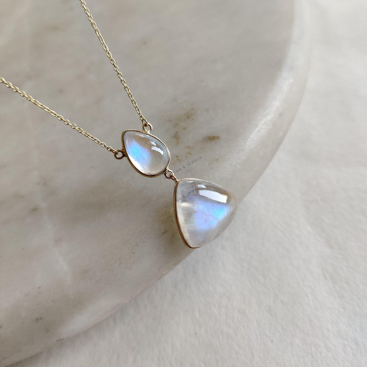 14K Solid Gold Natural Rainbow Moonstone Chain Necklace, June Birthstone