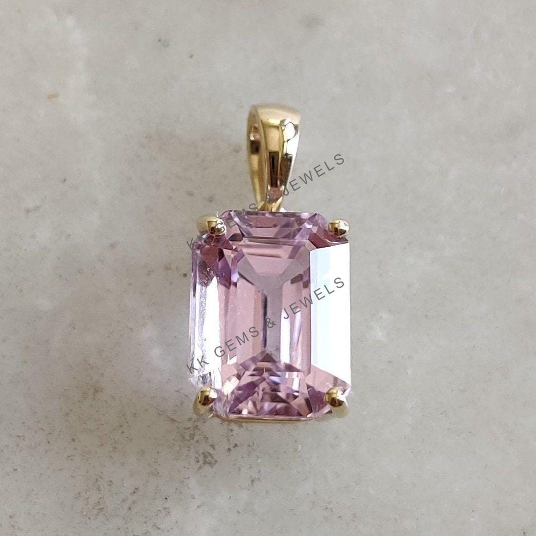 Natural Kunzite Pendant, 14K Solid Yellow Gold Prong Setting, February Birthstone