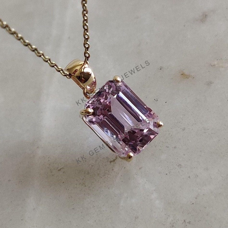 Natural Kunzite Pendant, 14K Solid Yellow Gold Prong Setting, February Birthstone