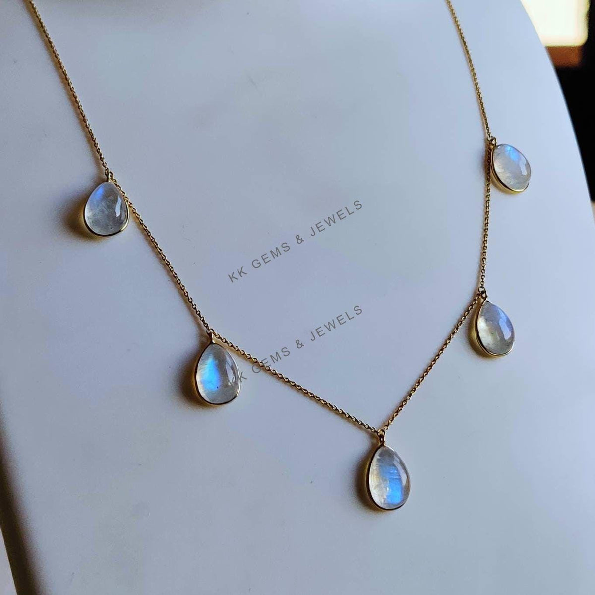 Natural Rainbow Moonstone 14K Solid Yellow Gold Necklace, June Birthstone