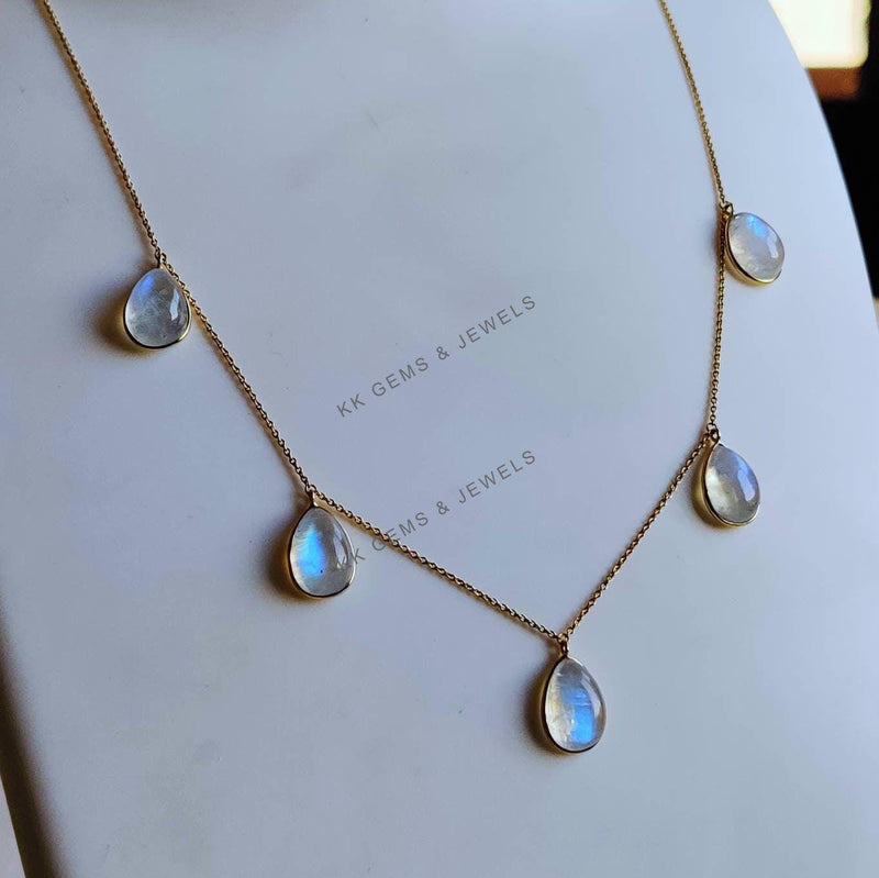 Natural Rainbow Moonstone 14K Solid Yellow Gold Necklace, June Birthstone