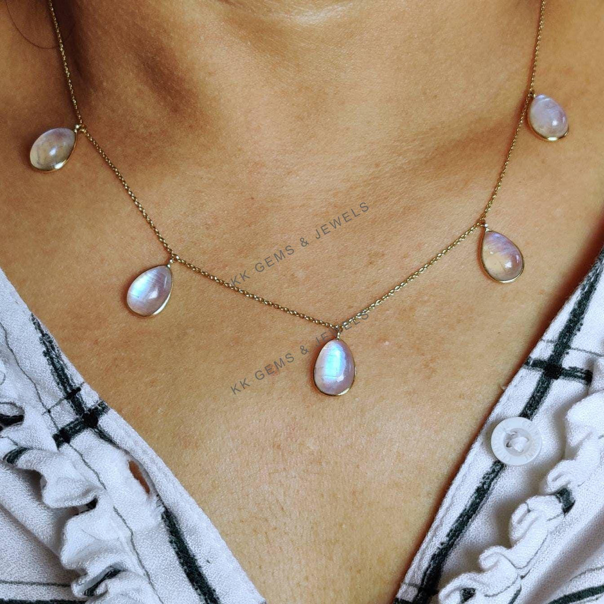 Natural Rainbow Moonstone 14K Solid Yellow Gold Necklace, June Birthstone