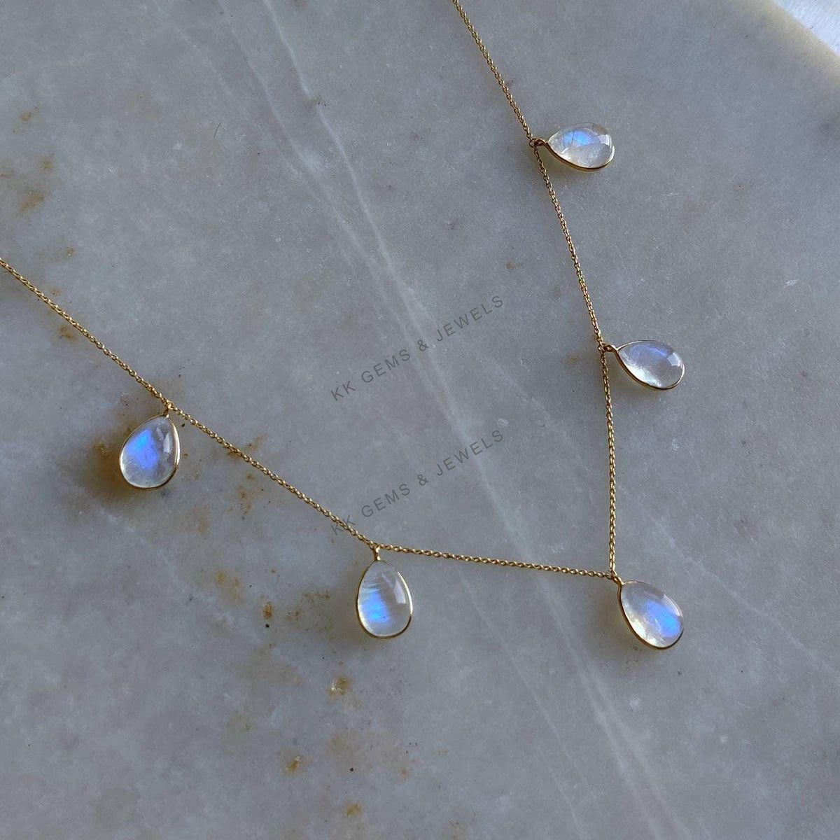 Natural Rainbow Moonstone 14K Solid Yellow Gold Necklace, June Birthstone