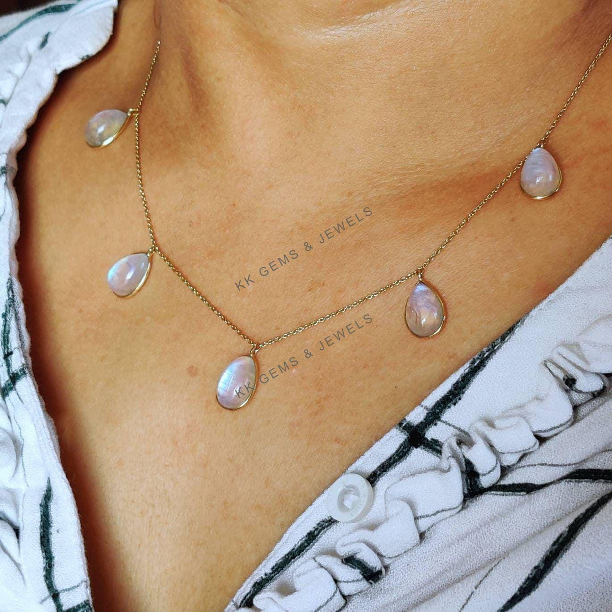 Natural Rainbow Moonstone 14K Solid Yellow Gold Necklace, June Birthstone