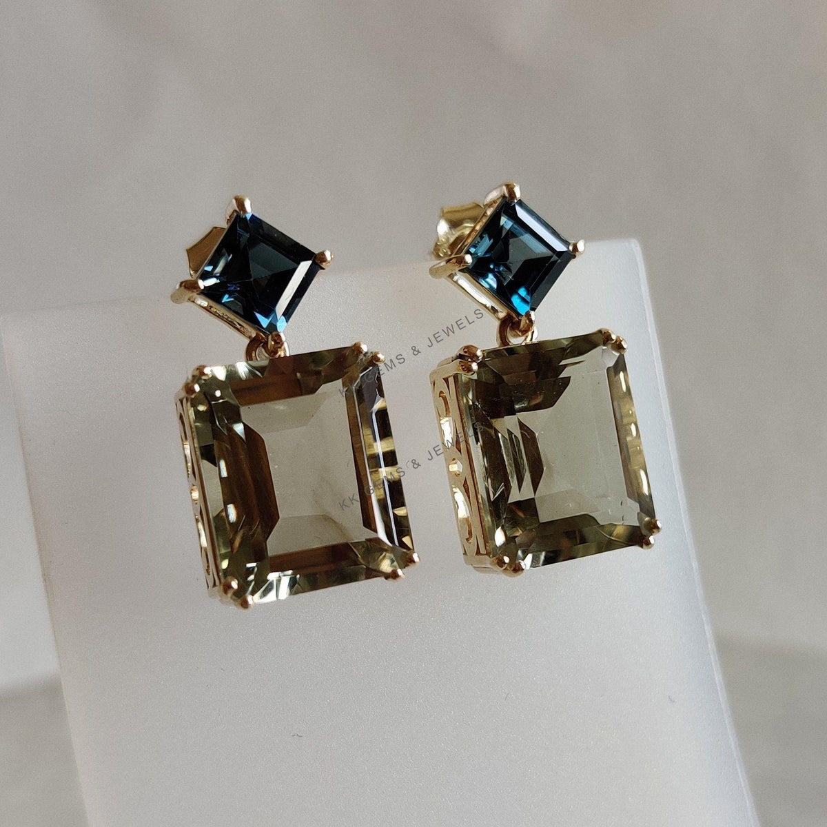 14K Solid Gold Natural London Blue Topaz & Green Amethyst Earrings, Christmas Gift