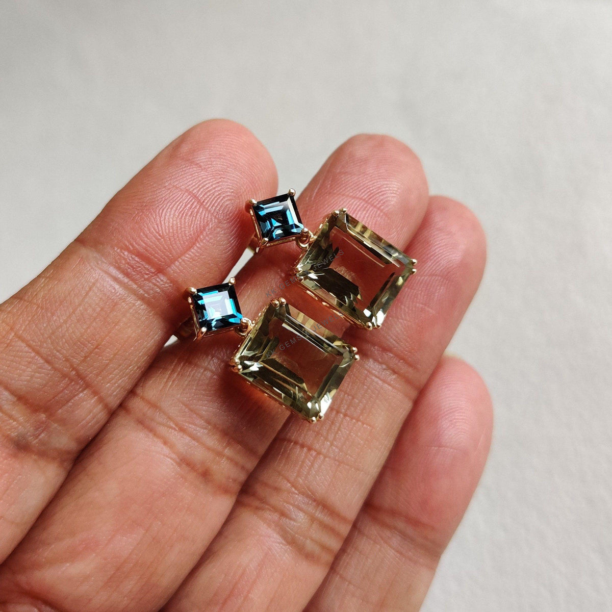 14K Solid Gold Natural London Blue Topaz & Green Amethyst Earrings, Christmas Gift