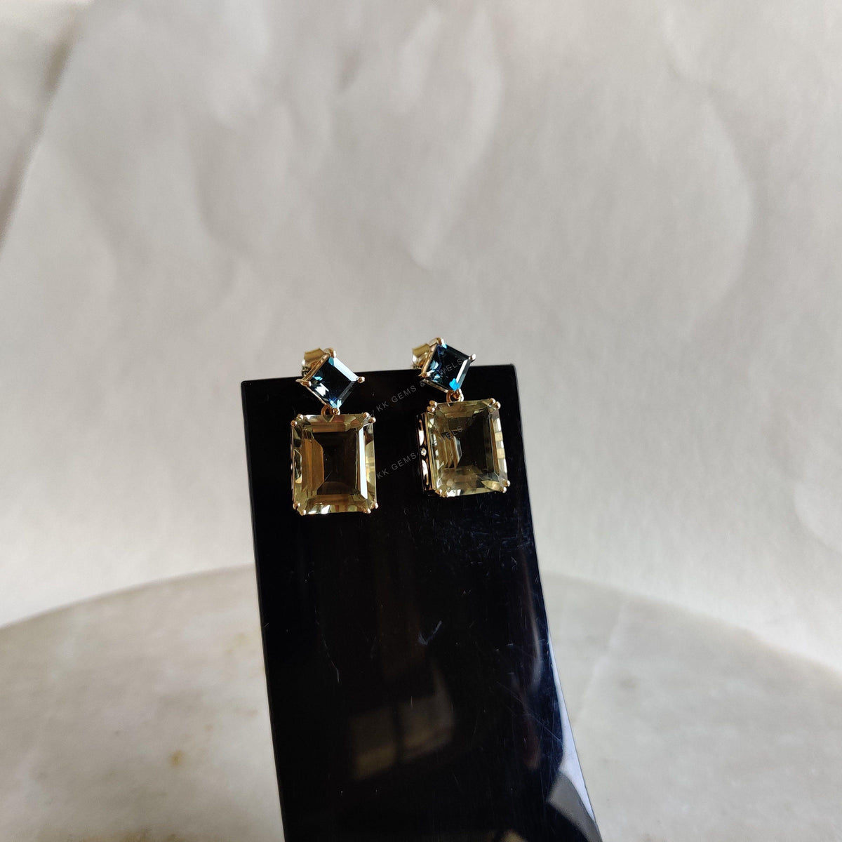 14K Solid Gold Natural London Blue Topaz & Green Amethyst Earrings, Christmas Gift